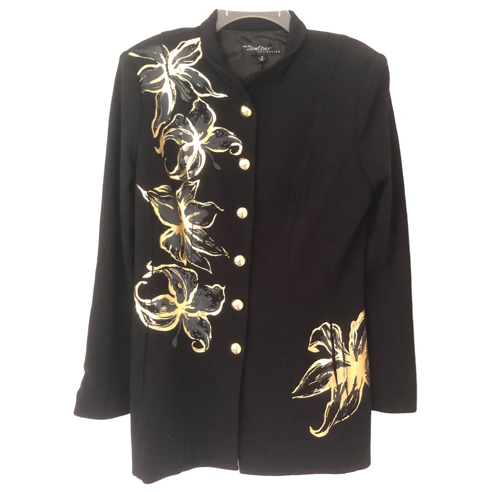 Cache Contour Collection Black Coat with Metallic Gold Floral Accents - Medium